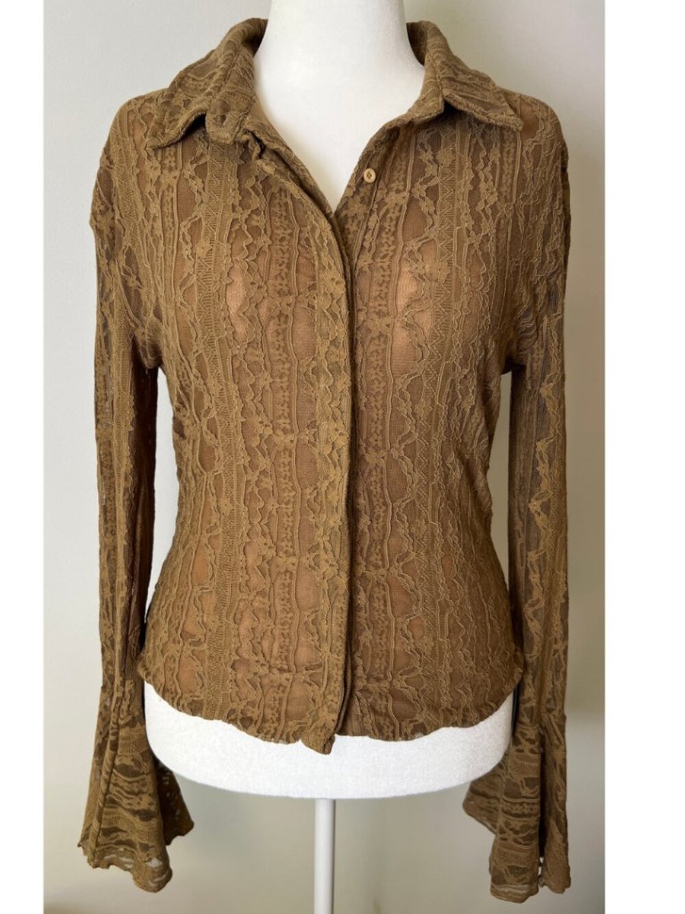 Khaki Lace Blouse | Bell Sleeve | Button Front | NWT | XL